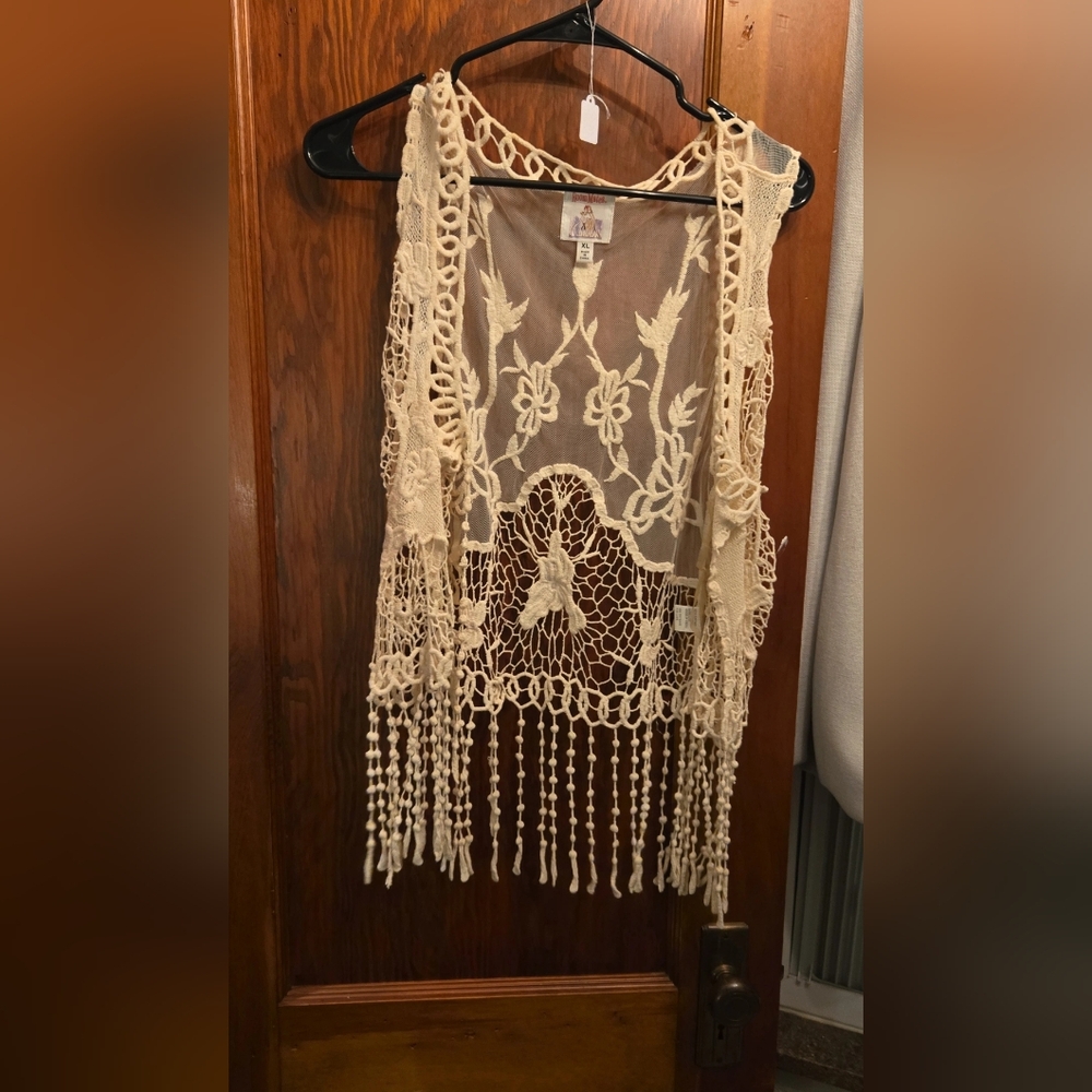 Vintage Cream Crochet Lace Vest with Fringe